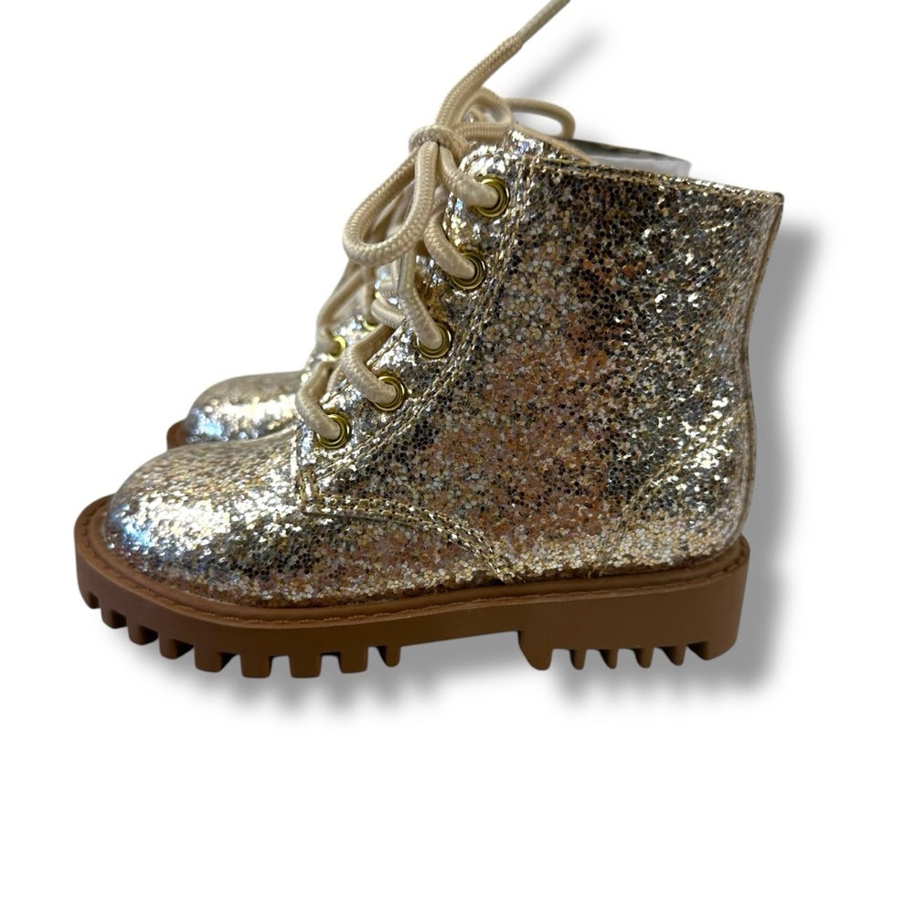 Baby Gap Toddler Girls 7 Gold Glitter Lace Up Moto Boots Sparkle Glam Booties